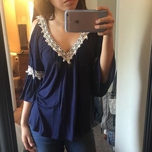 navy and lace shoulder peek blouse NWOT